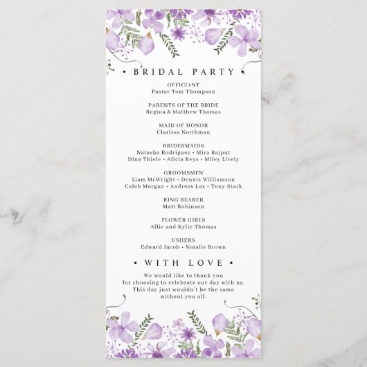 Programm für Lila Blumenkohl-Brautparty (Rückseite)