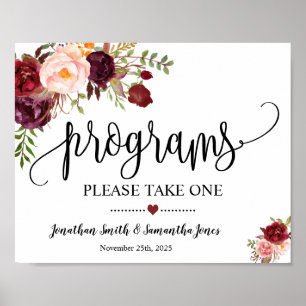 Programm Hochzeitszeremonie Boho Marsala Blumen Poster