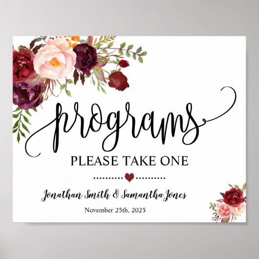 Programm Hochzeitszeremonie Boho Marsala Blumen Poster (Vorne)