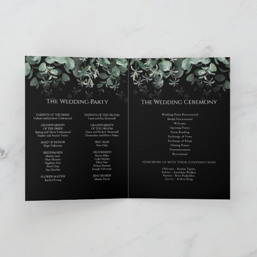 Programm "Modernes Greenery Black Wedding Folded" (Innenseite)