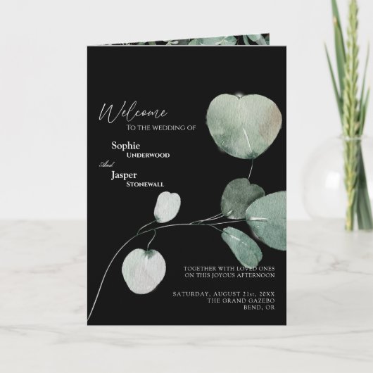 Programm "Modernes Greenery Black Wedding Folded" (Vorderseite)