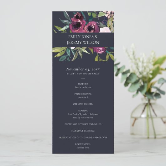 PROGRAMM "NAVY BLUSH BURGUNDY FLORA WEDDING CEREMO (Stehend Vorderseite)