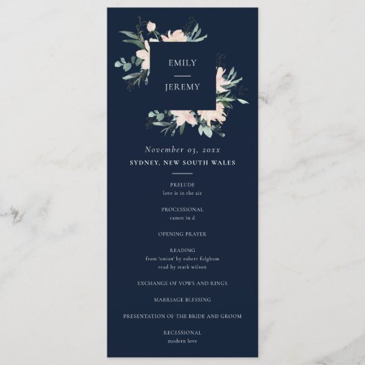 PROGRAMM "NAVY BLUSH GOLD FLORAL WEDDING CEREMONY" (Vorderseite)