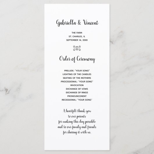 Programm zur Hochzeit von Periwinkle und Barnholz (Rückseite)