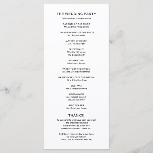 Programm zur Hochzeitseröffnungsfeier (Rückseite)