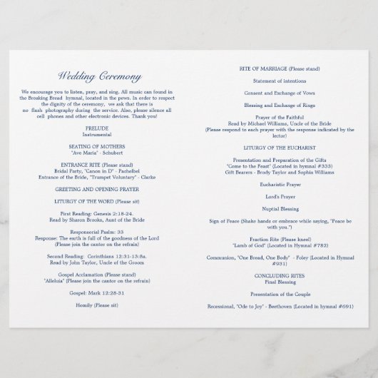 Programm zur Zeremonie der Hochzeit der katholisch (Rückseite)