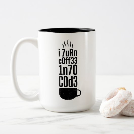 Programmer Humor – Coffee Into Code Zweifarbige Tasse (Mit Donut)