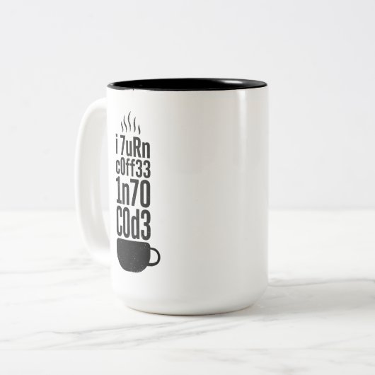 Programmierer Humor – Kaffee wird zu Code Zweifarbige Tasse (Vorderseite Links)