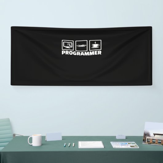Programmierer schreiben Code und trinken Kaffee Banner (Messe)