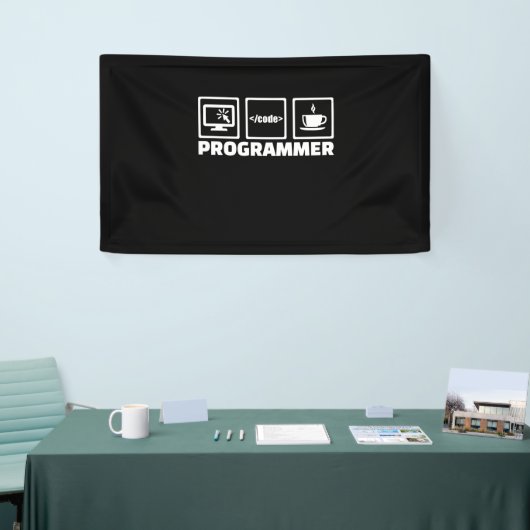 Programmierer schreiben Code und trinken Kaffee Banner (Messeveranstaltung)