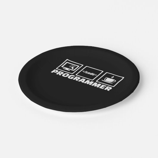 Programmierer schreiben Code und trinken Kaffee Pappteller (Schrägansicht)