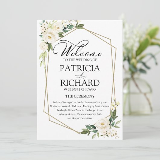 Programmkarte für die Hochzeitsfeier mit weißer Bl Einladung (Stehend Vorderseite)