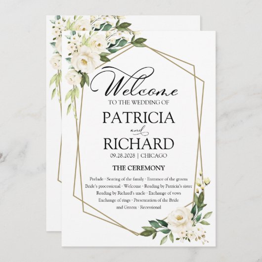 Programmkarte für die Hochzeitsfeier mit weißer Bl Einladung (Vorne/Hinten)