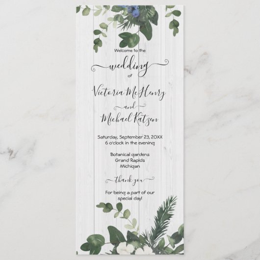 Programmkarte für rustikales Weißholz Menükarte (Vorderseite)