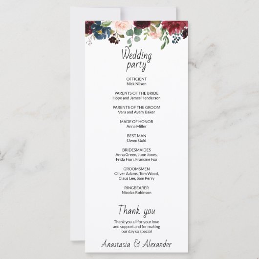 Programmkarte Hochzeit. (Rückseite)