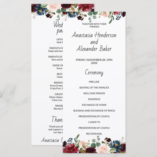 Programmkarte Hochzeit. (Vorne/Hinten)