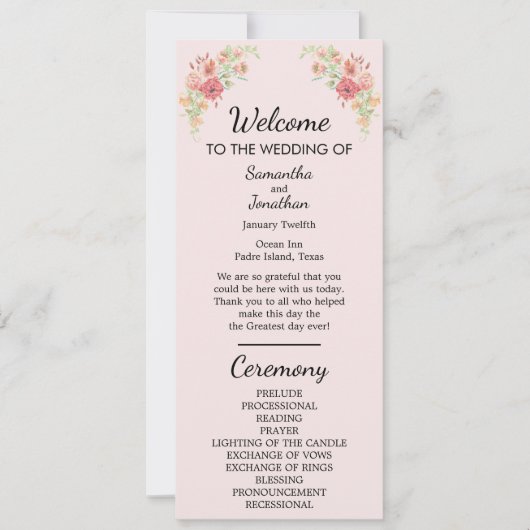 Programmkarte Pink Boho Wasserfarbe Blume Einladung (Vorderseite)