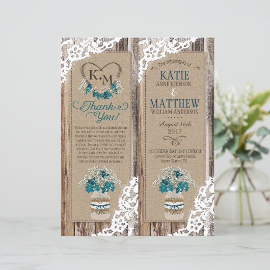 Programmkarte Rustic Wood Lace Floral Bouquet (Stehend Vorderseite)