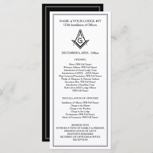 Programmvorlage für Masonic Rack Card Programm (Vorne/Hinten)