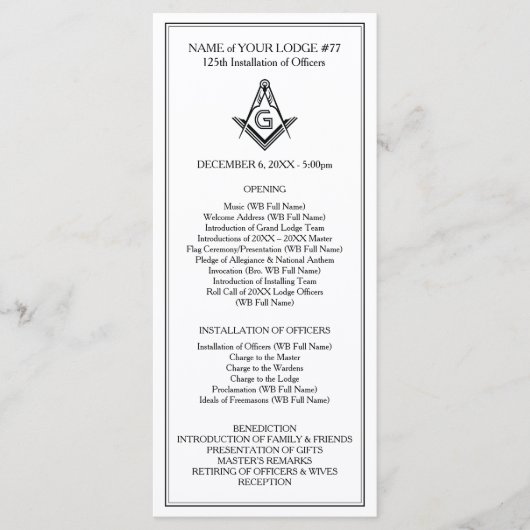 Programmvorlage für Masonic Rack Card Programm (Vorderseite)