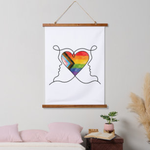 Progress Pride Herz Line Art Wandteppich Mit Holzrahmen
