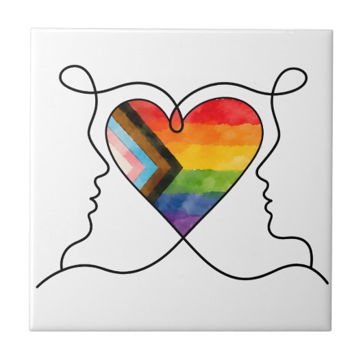 Progress Pride Herz Linienkunst Fliese (Vorderseite)
