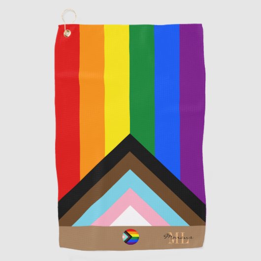 Progress Rainbow Flag & Pride mit Monogramm / LGBT Golfhandtuch (Vorderseite)