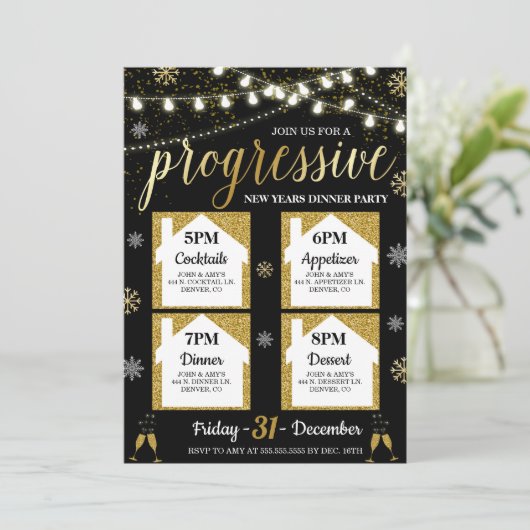 Progressive Neujahrsabendessen Party Einladung (Stehend Vorderseite)