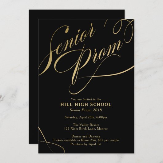 Prom-Einladung, Schwarzes & Gold-Script Senior Pro Einladung (Vorne/Hinten)