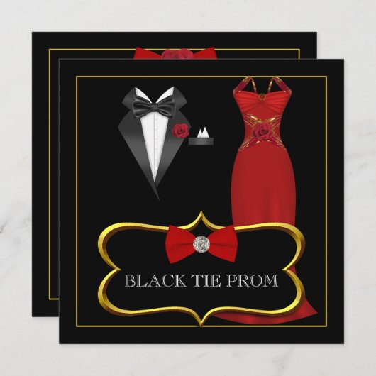 Prom High School Dance Formal Red Black Krawatte Einladung (Vorne/Hinten)