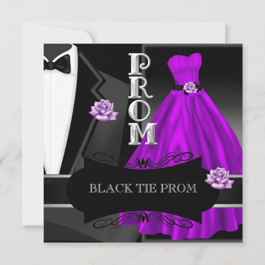 Prom High School Tanz Formal Lila Schwarze Krawatt Einladung (Rückseite)