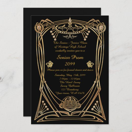 Prom Senior, Gatsby style, black & gold, monogramm Einladung (Vorne/Hinten)