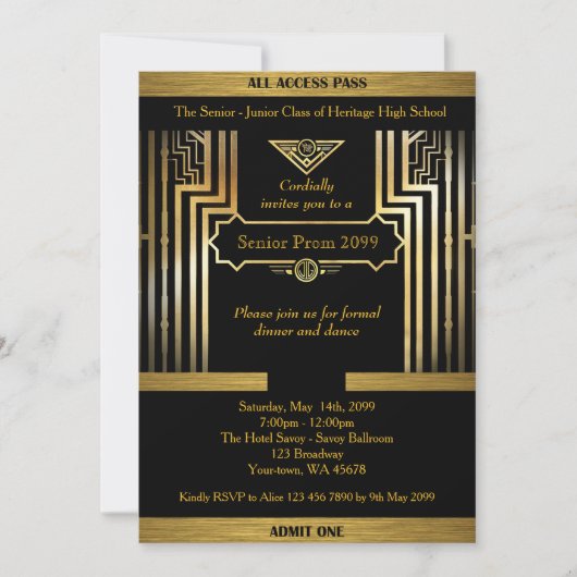 Prom Senior, Gatsby style, Black & Gold, Rückengol Einladung (Vorderseite)
