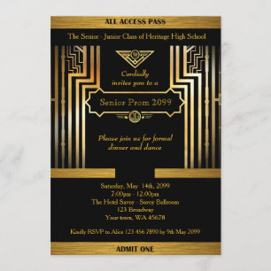 Prom Senior, Gatsby style, Black & Gold, Rückengol Einladung