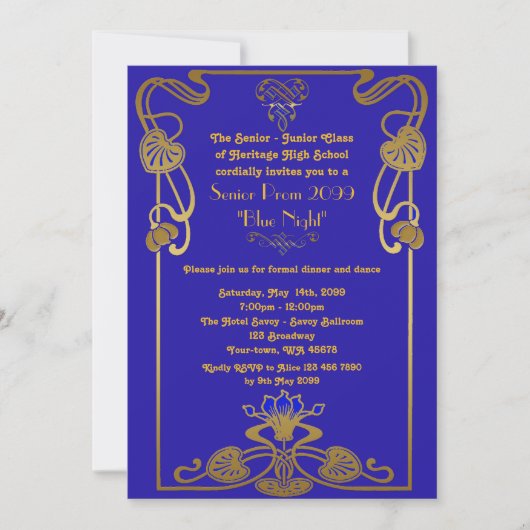 Prom Senior, Gatsby style, blue & gold, monogram Einladung (Vorderseite)