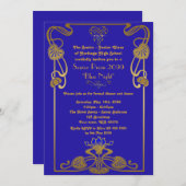 Prom Senior, Gatsby style, blue & gold, monogram Einladung (Vorne/Hinten)