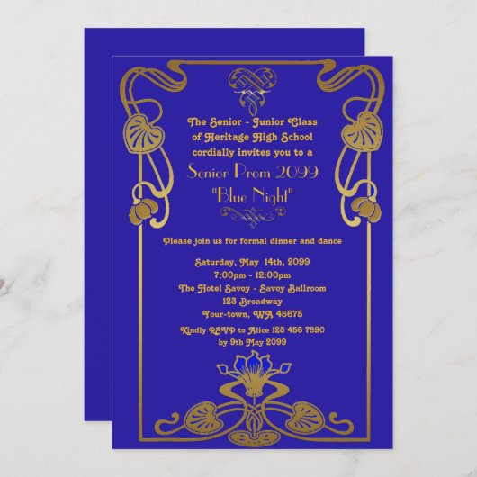 Prom Senior, Gatsby style, blue & gold, monogram Einladung (Vorne/Hinten)