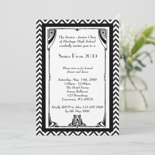 Prom Senior, Gatsby style, schwarz & weiß, Rahmen Einladung (Stehend Vorderseite)