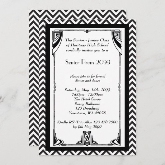 Prom Senior, Gatsby style, schwarz & weiß, Rahmen Einladung (Vorne/Hinten)