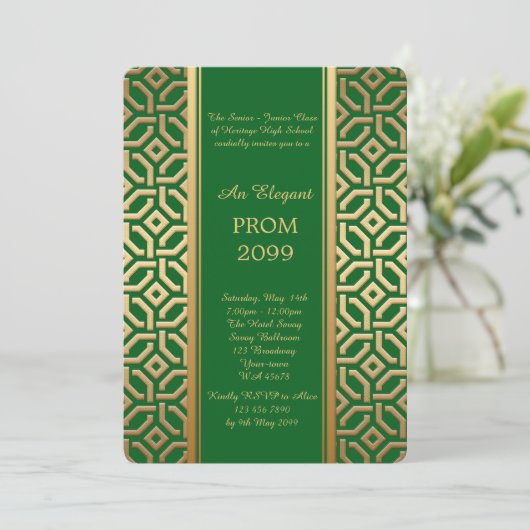Prom Senior Junior, Black Gold Geometric Emerald Einladung (Stehend Vorderseite)
