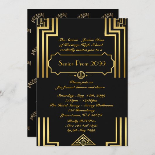 Prom Senior Junior, Gatsby style, art-Deko, schwar Einladung (Vorne/Hinten)