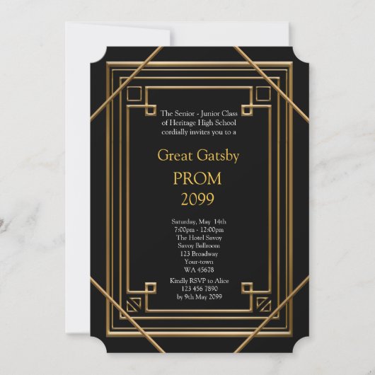 Prom Senior Junior, Great Gatsby, Gold, schwarz Einladung (Vorderseite)