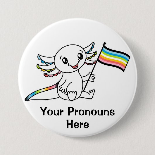 PRONOTIERT Niedliches Axolotl mit Queem Flag LGBTQ Button (Vorderseite)
