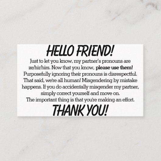Pronoun Cards (ze/hir partner) Visitenkarte (Vorderseite)