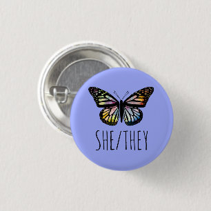 Pronouns Watercolor Butterfly Button