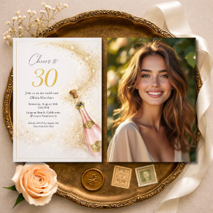 Prost 30. Geburtstagsfoto Pink Gold Champagner Einladung