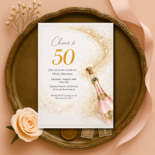 Prost 50. Geburtstag Pink Gold Champagner Einladung