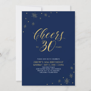 Prost auf 30   Goldene und marineblaue 30. Geburts Einladung