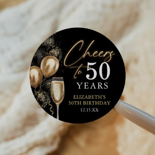 Prost auf 50 Jahre Schwarz und Goldene Ballons Runder Aufkleber