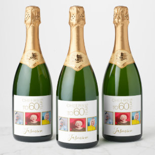 Prost auf 60 Jahre 3 Fotos Gold Eleganter Rahmen Schaumweinetikett